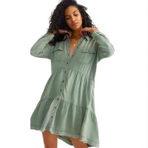 Pilcro Deanne Tiered Mini Shirt Dress Green XS H2